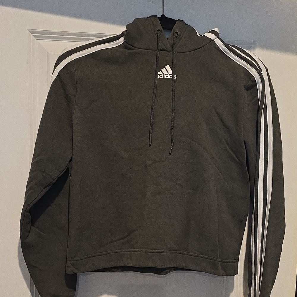 Adidas Women's Dark Gray Hoodie with White Stripes Crop